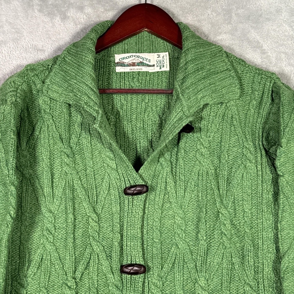 Aran Crafts Sweater Womens M Green Merino Wool Cable Cardigan Ireland Collared